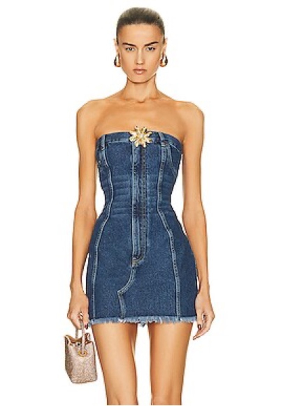 AREA Strapless Denim Mini Dress with Gold Floral Brooch Size 6